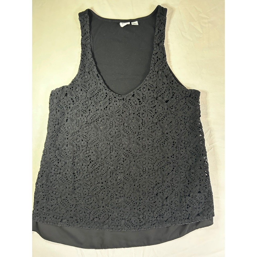 Black‎ Crochet Lace Front Sleeveless Tank Top Scoop Neck High Low Hem Medium